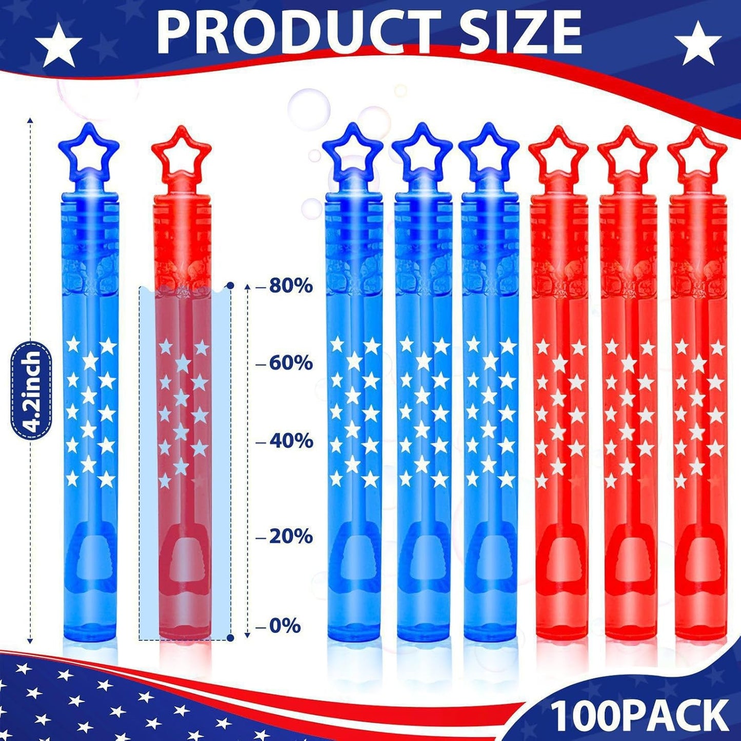 4th of July Party Favors - 100 Mini Bubble Wands | Patriotic Red, White & Blue Bubbles for Kids' Birthday Celebrations