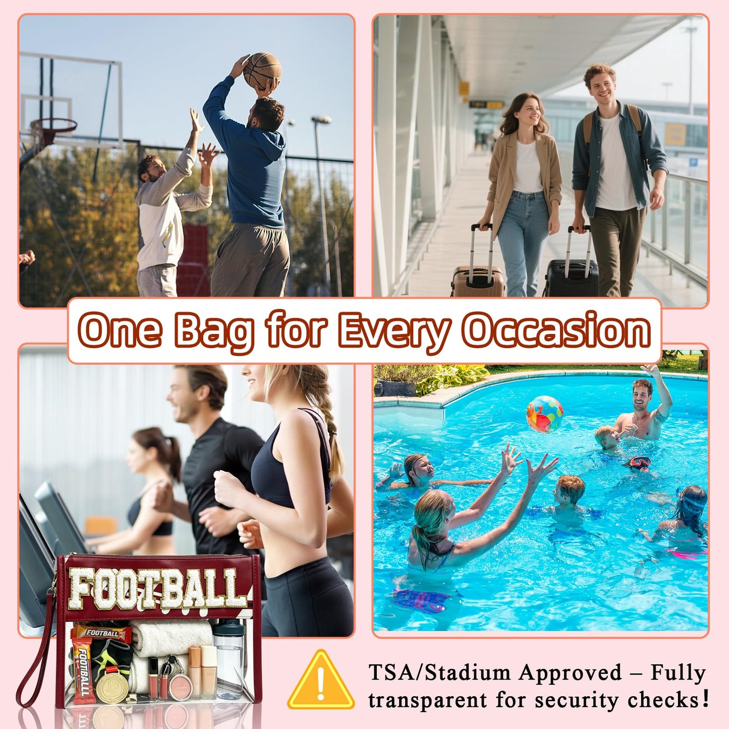 SUMINGGO Clear Stadium Bag for Women - 12x6x12 TSA Approved Clear Tote Purse for Games & Fall Season, Waterproof Large Capacity Football Mom Bag for Warm Drinks, Team Snacks & Game Day Essentials