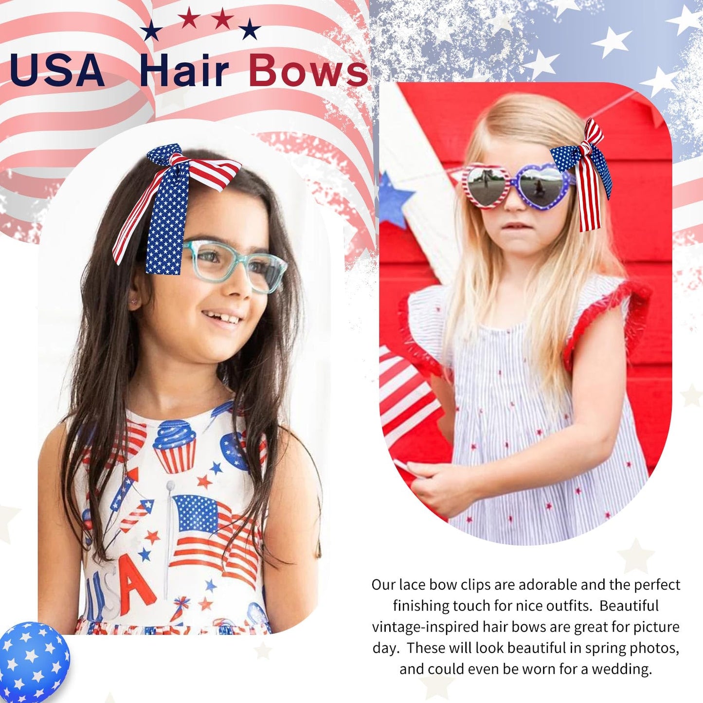 NCMAMA 2PCS 4th of July Hair Bows for Girls, Patriotic Hair Bow Clips for Independence Day, American Red White and Blue Hair Accessories, Hair Barrettes for Toddler Children Kids (American Flag-A)