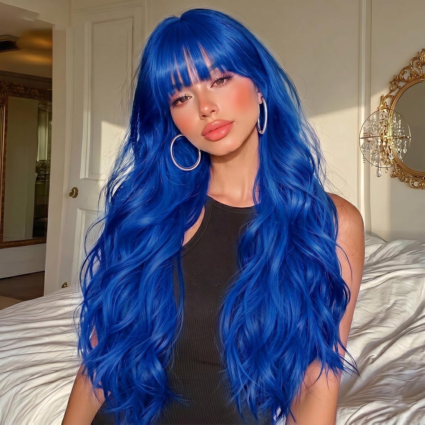 NOSTALGIA Black Wig - Long Curly Wavy Synthetic Wig with Bangs for Women | Perfect for Daily or Party Wear