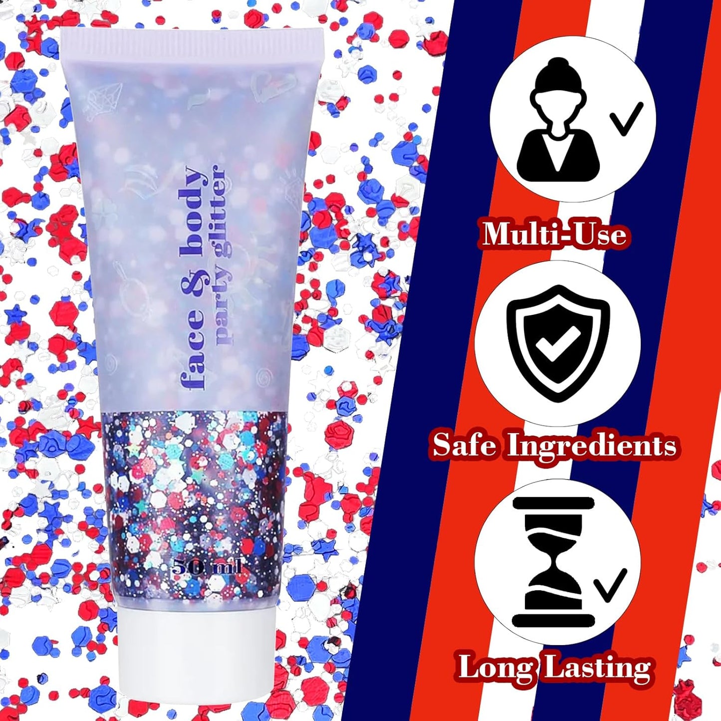 Body Glitter for 4th of July - Red, White & Blue USA Flag Face Makeup | Holographic Chunky Sequins for Women & Kids
