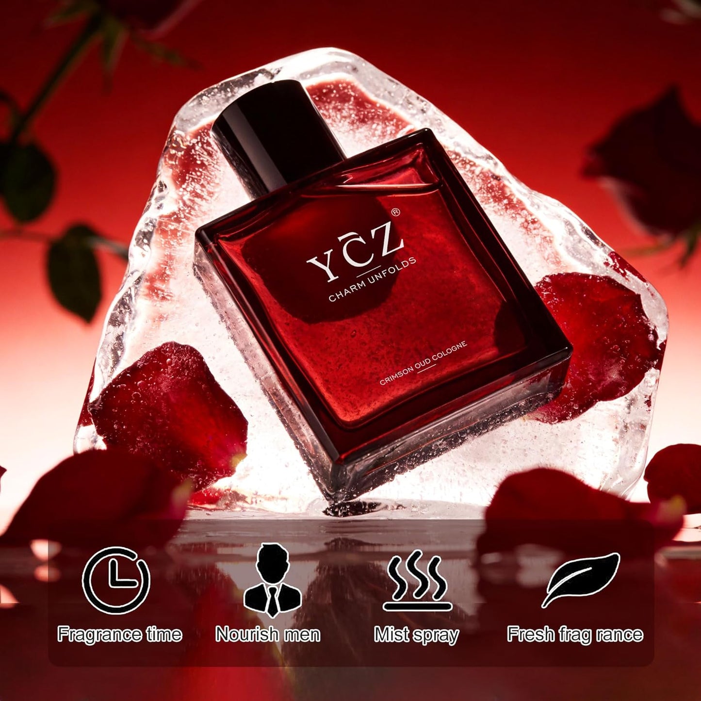 Ycz Crimson Oud Cologne for Men - Long-Lasting Oriental Woody Eau De Parfum | 1.7oz with Rose, Raspberry, Papyrus & Amber