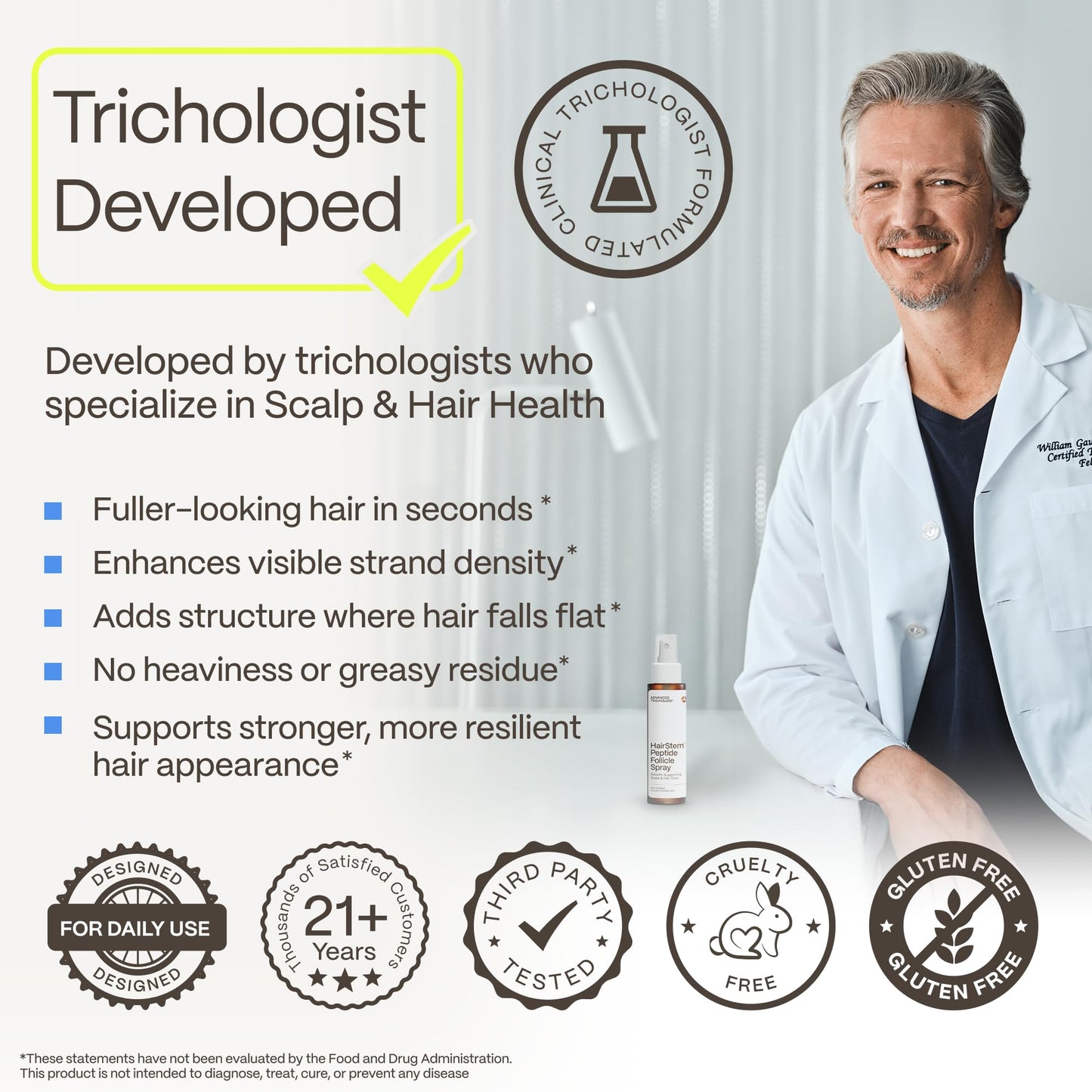 Advanced Trichology HairStem™ Peptide Spray for Thicker, Fuller-Looking Hair | Leave-In Post-Shower Scalp Spray with Peptides, Rice Protein & Prebiotics | Lightweight, Non-Greasy Volumizing Hair Spray