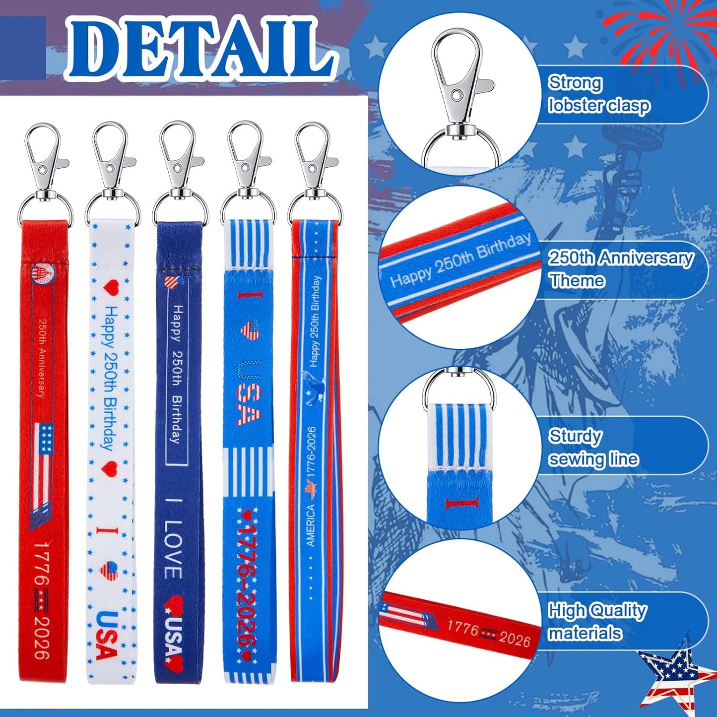 Patriotic Keychains - 5 Pcs USA Flag Keychains for 250th Anniversary | 4th of July Party Favors