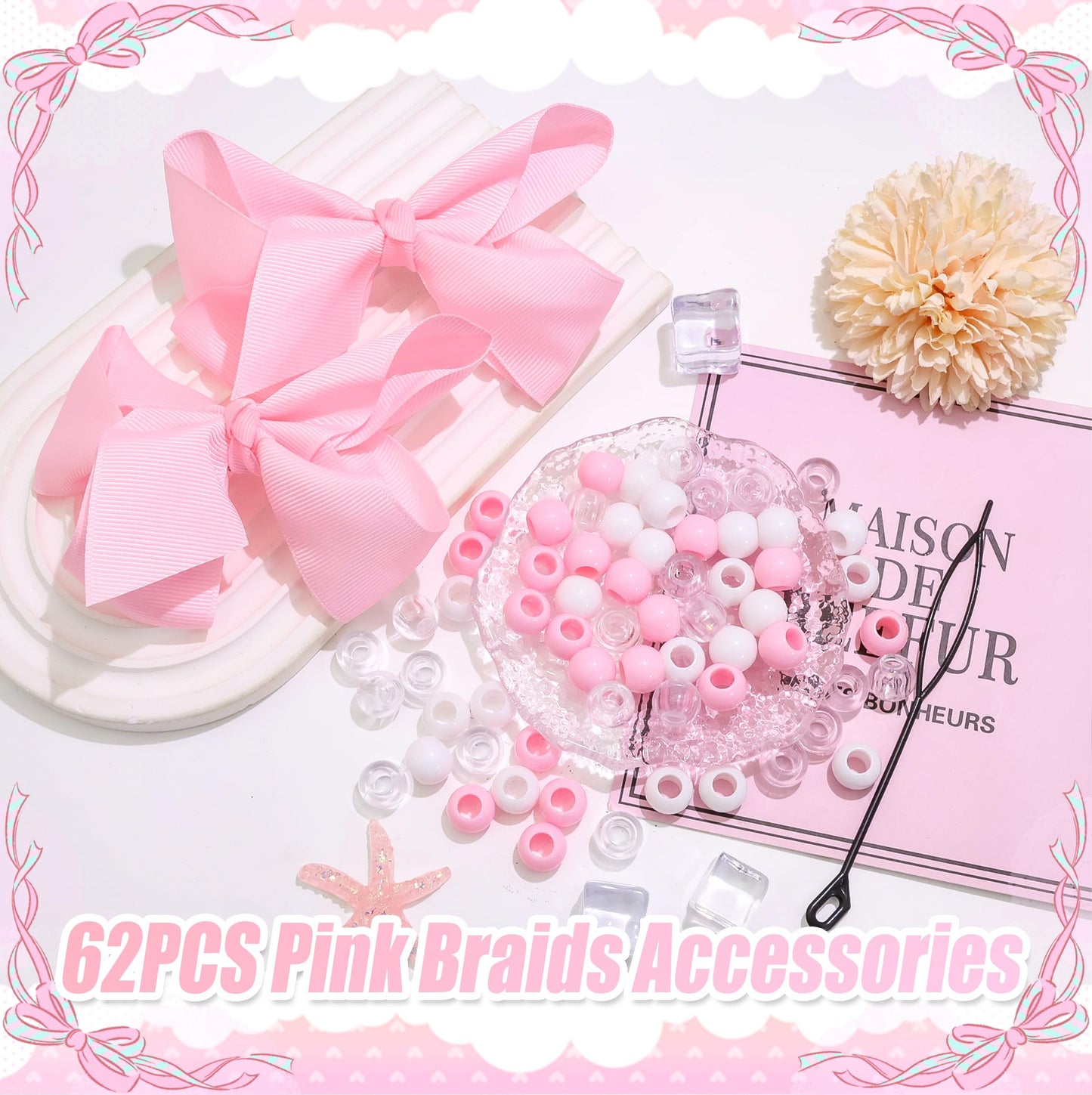 NAISKA 62PCS Pink Valentine's Day Hair Beads 4.7inch Bow Hair Clips Cute Beads for Hair Braids Kids Girls Hair Bow Braids Jewelry Loc Accessories for Kids Girls