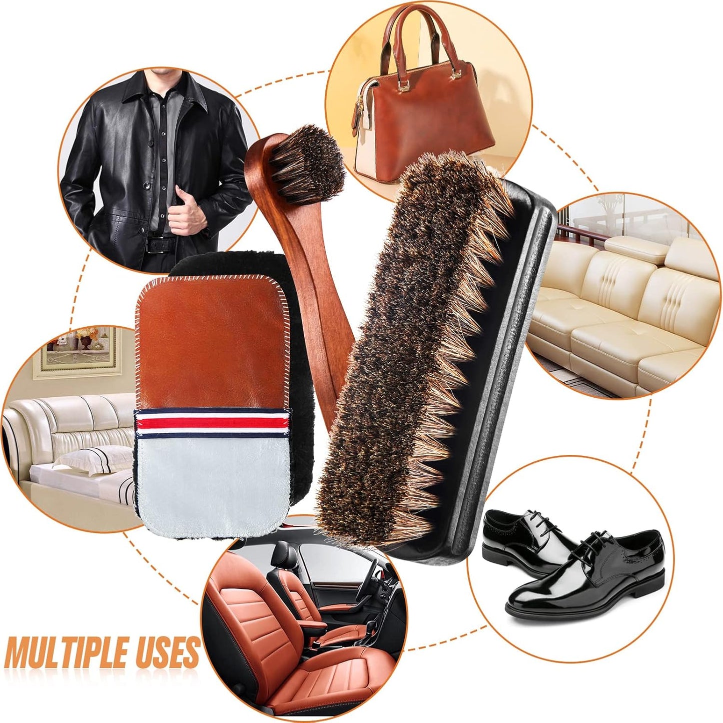 Horsehair Shoe Brush Kit - 4 Pcs Leather & Suede Cleaning Brushes with Microfiber Gloves | Shoe Care Essentials