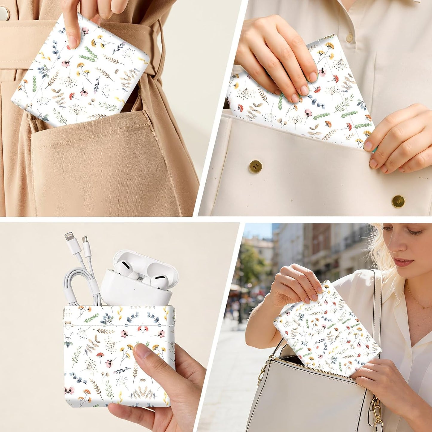 Makeup Bag Set - 2 PCS PU Leather Self-Closing Cosmetic Bags | Portable White Floral Travel Organizer for Women