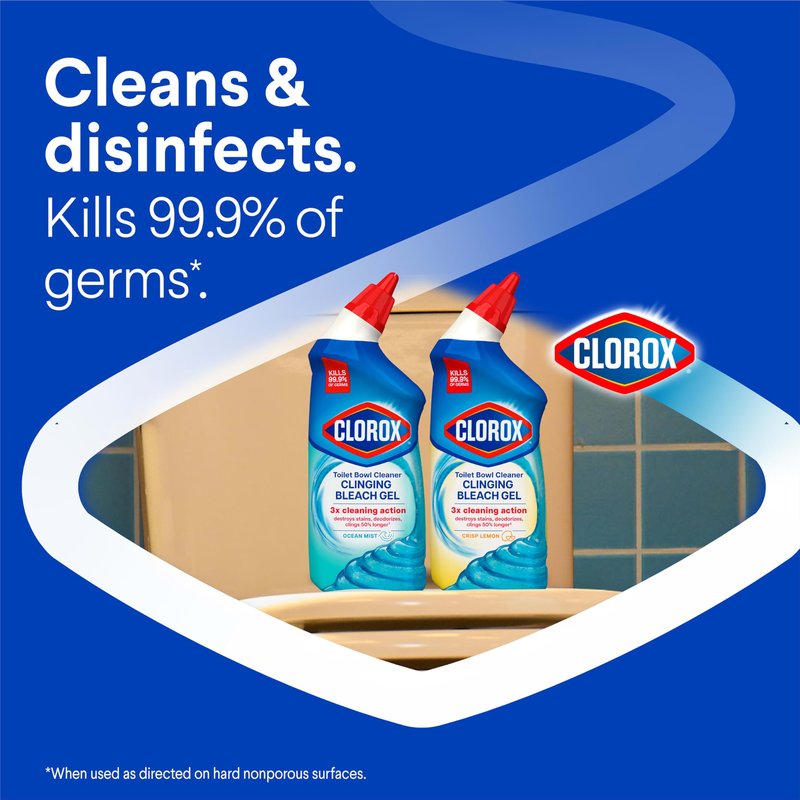 Clorox Toilet Bowl Cleaner Clinging Bleach Gel, Kills 99.9% of Bacteria and Viruses, Ocean Mist, 24 Fl Oz, Pack of 2