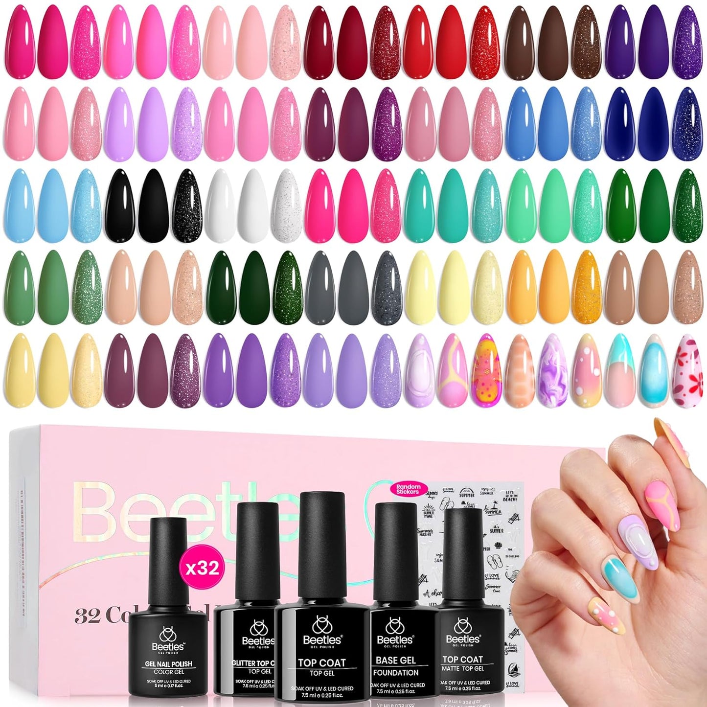 Beetles Gel Nail Polish Set - 32 Vibrant Colors | UV LED Soak Off Nail Kit with Base & Top Coat