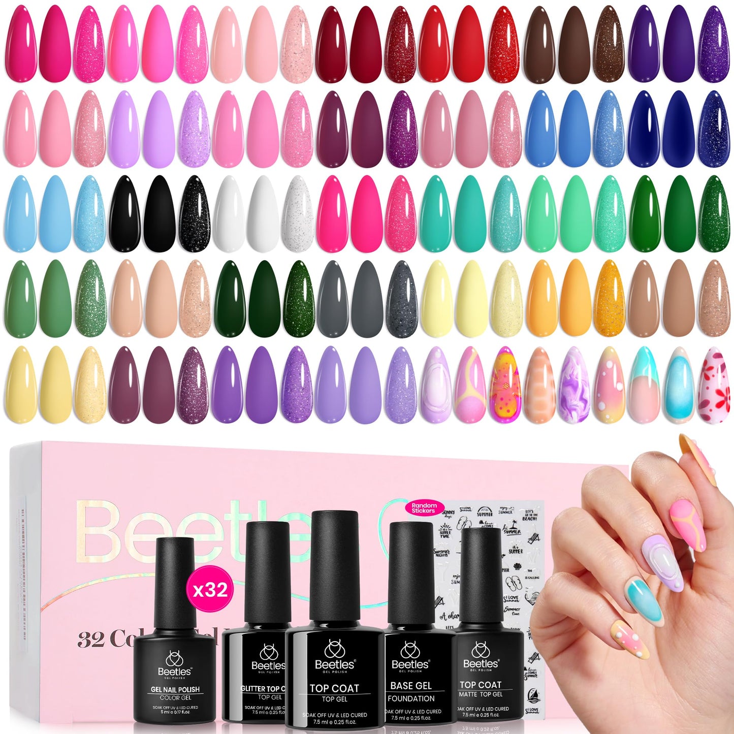 Beetles Gel Nail Polish Set - 32 Colors Summer Orange Red White Blue Purple Nude Black Brown Green Gel Polish, UV LED Soak Off Nail Kit with Base and Top Coat All Season Gift for Women