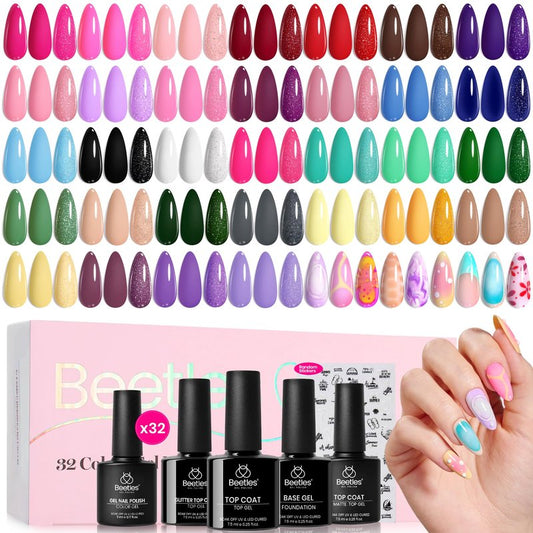 Beetles Gel Nail Polish Set - 32 Colors Summer Orange Red White Blue Purple Nude Black Brown Green Gel Polish, UV LED Soak Off Nail Kit with Base and Top Coat All Season Gift for Women