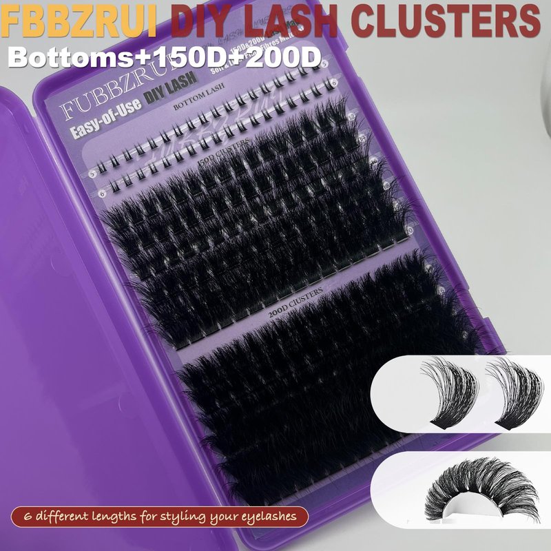 FUBBZRUI Lash Clusters with Bottoms Wispy Dramatic Individual Lashes D Curl 12-22mm Long Thick Mega Volume Eyelash Clsuters 150D+ 200D DIY Lash Extension