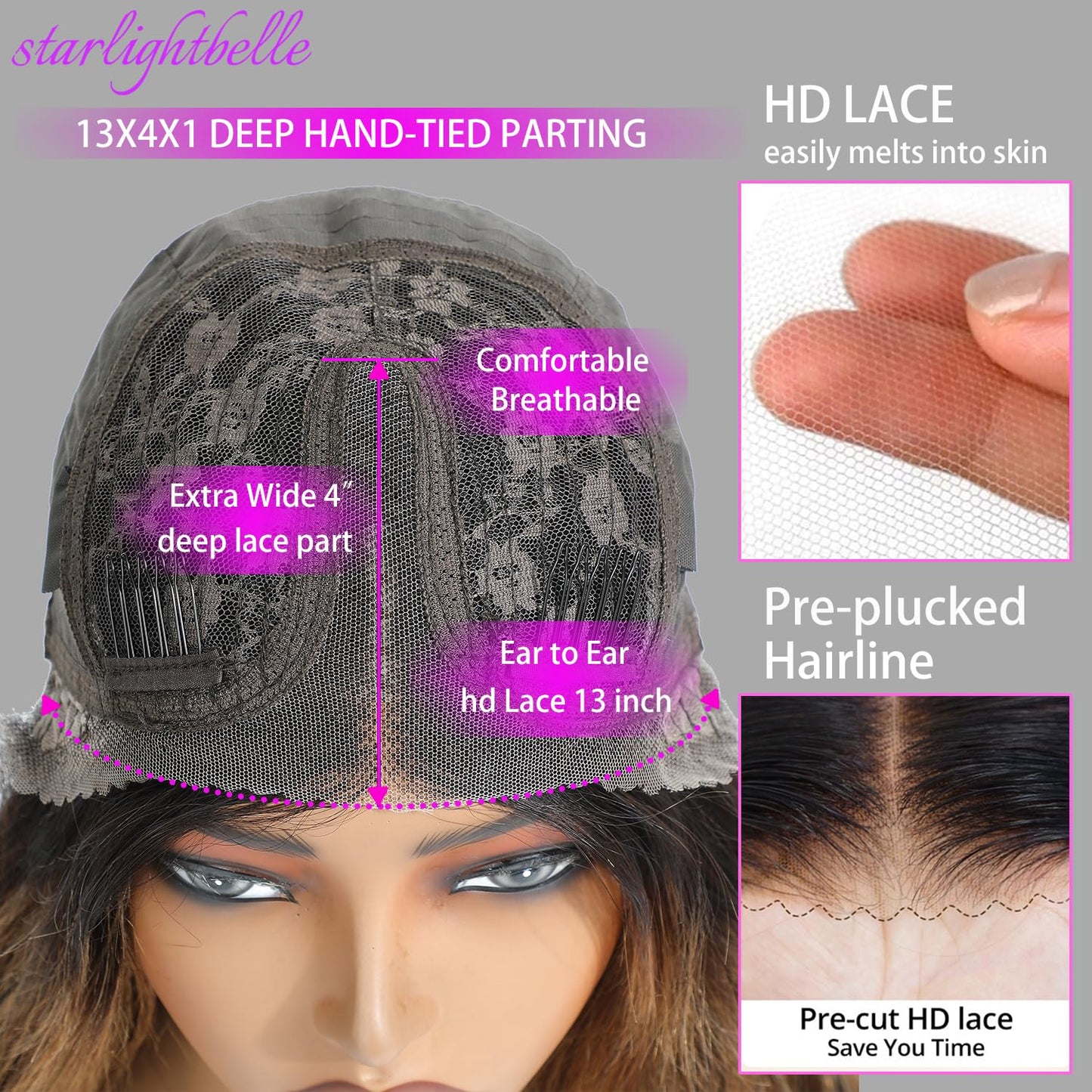 30 Inch Body Wave Lace Front Wig - Glueless Pre-Cut Highlight Ombre 1B/30 | 220% Density for Women