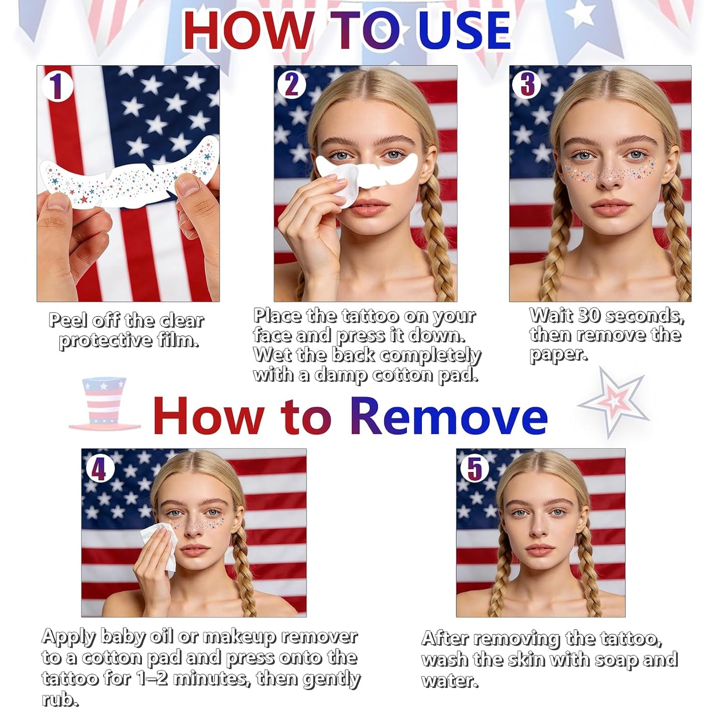 Patriotic 4th of July Face Gems - 10 Pcs Red, White & Blue Glitter Freckles for Women & Kids | USA Face Stickers