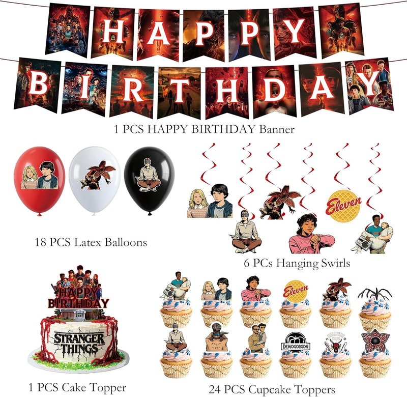 Stranger Things Party Supplies Set - 50pcs Birthday Decorations with Banner, Balloons, Swirls & Cupcake Toppers | Kids Theme Party