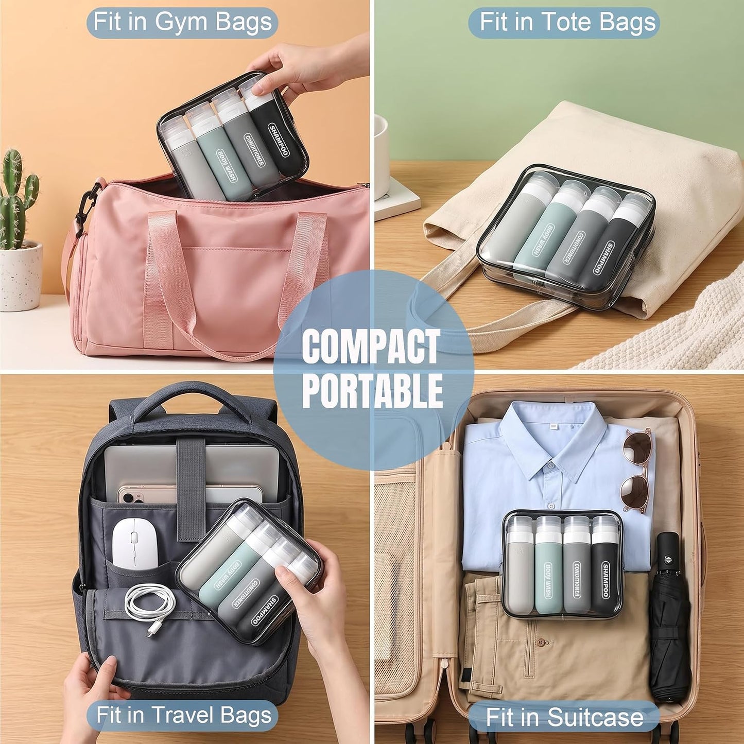 Silicone Travel Bottles - TSA Approved 3oz Leak Proof Containers | Squeezable Toiletry Set, 4 Pack with Clear Bag