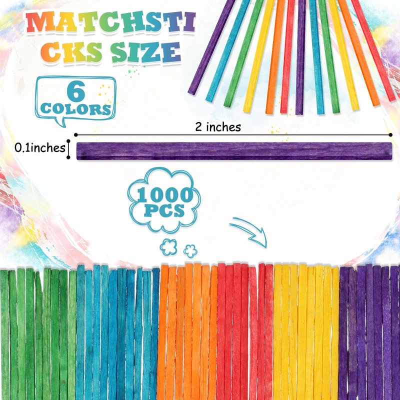 Geetery 1000 Pcs Colorful Craft Match Sticks 2 x 0.1 Inch Wooden Matchsticks DIY Matching Craft Match Sticks for Children Adult Crafting Art Making Kids Projects, 6 Colors