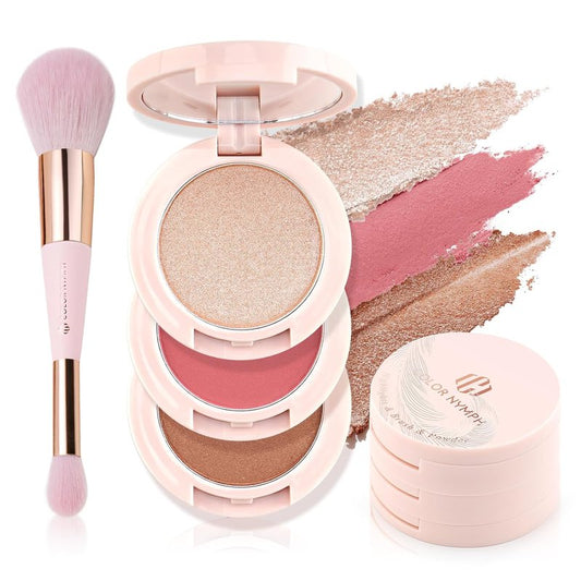 Contour Blush Highlighter Makeup Palette - 3 Colors, Shimmer & Matte Finish | Travel-Friendly Kit with Brush & Mirror