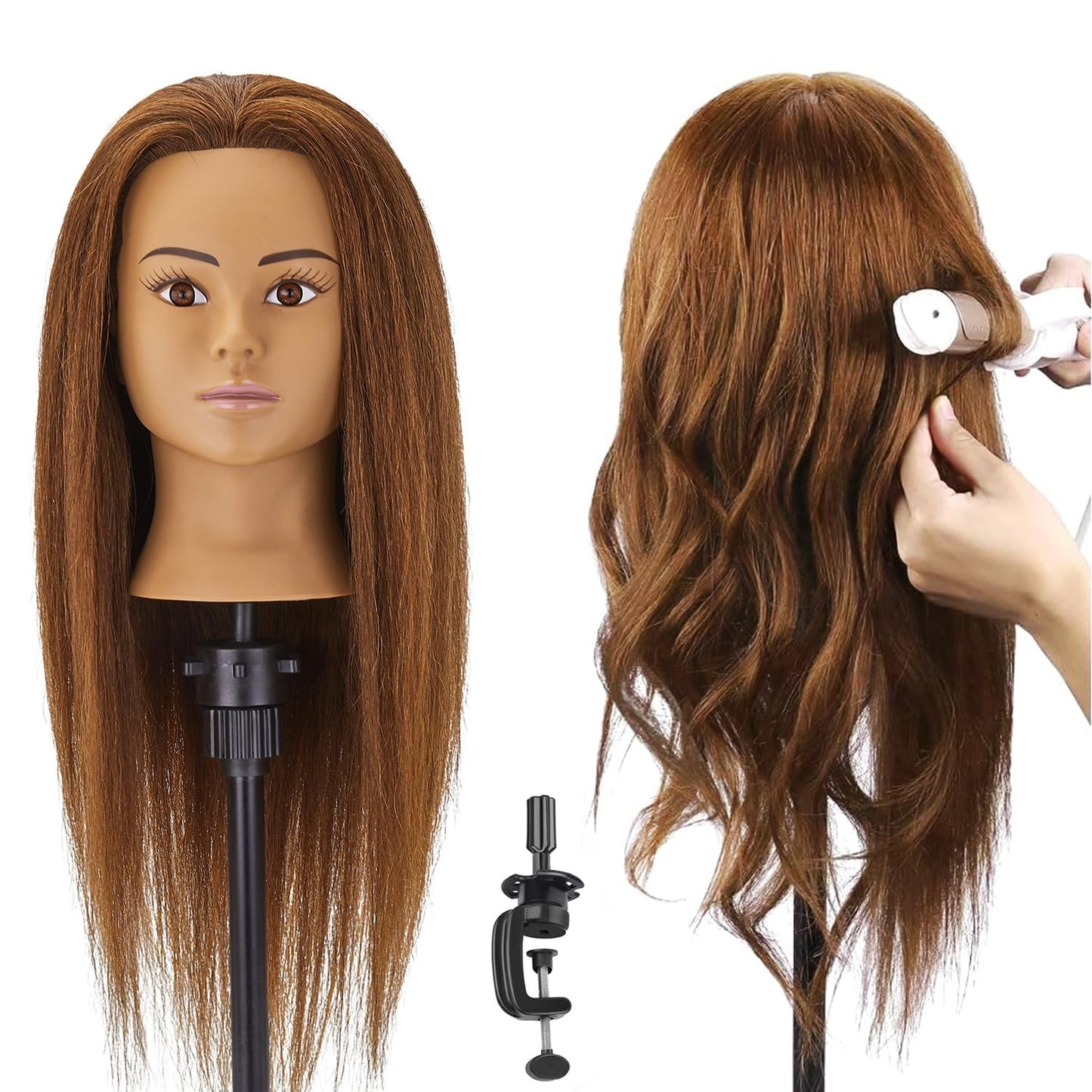 100% Human Hair Mannequin Head - Hair Styling Training Doll for Cosmetology | Includes Clamp Holder