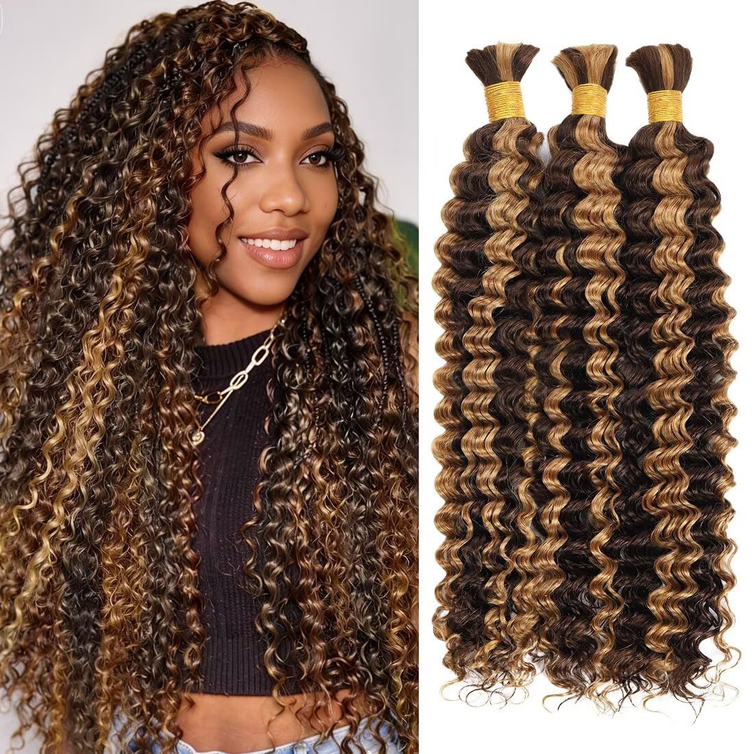 Boho Hair for Braiding, Ombre Curly Virgin Human Braiding Hair for Women, 12A Knotless Deep Wave Bulk Bohemian Styles, 150g 18 Inch 3 Bundles/Pack Highlight P4/27