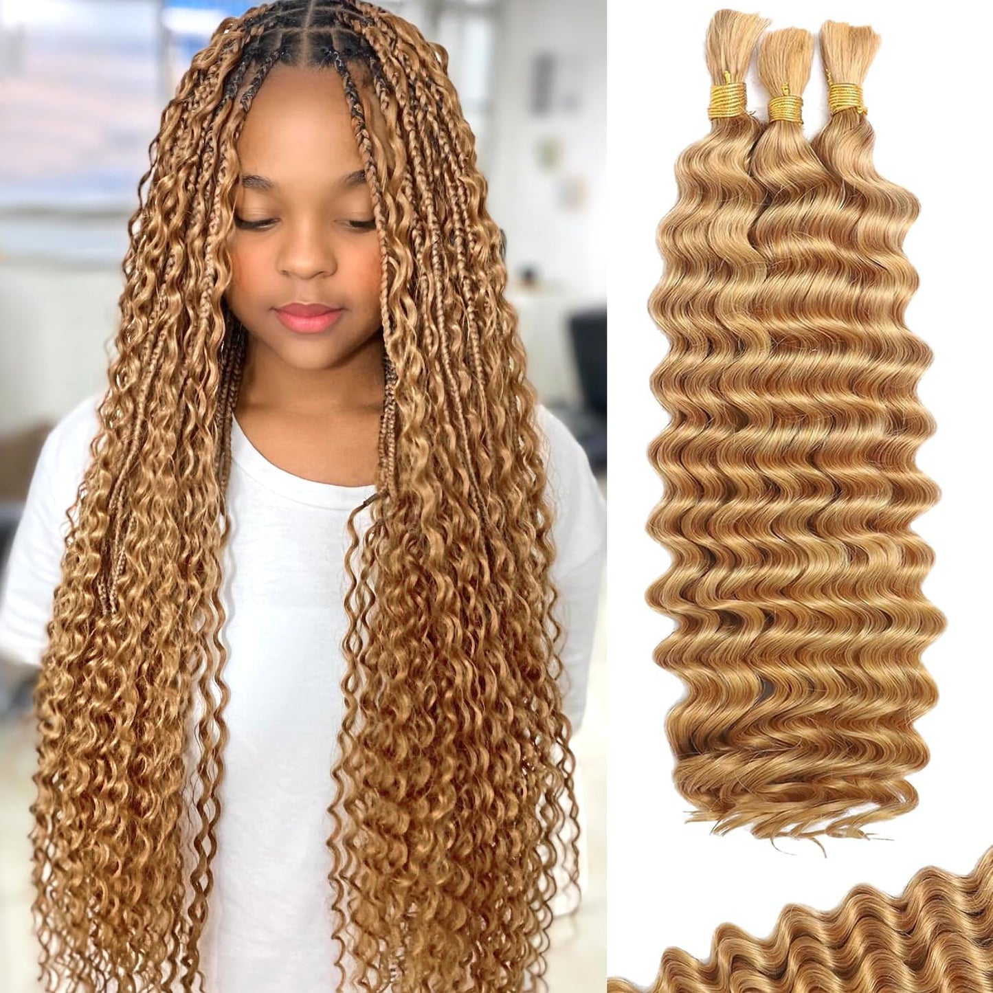 BIZVUS Human Braiding Hair for Boho Braids 110g Deep Wave Boho Bulk Human Hair for Braiding Knotless 12A Wet and Wavy Bulk Bohemian Curly 3 Bundles/Pack #27 Honey Blonde Color 14 inch