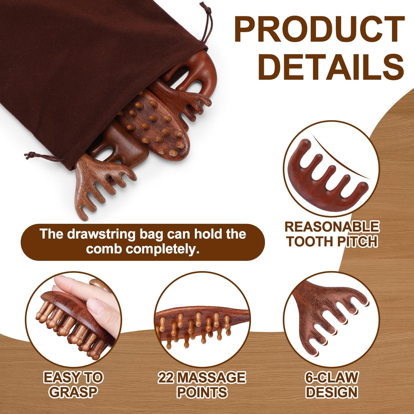 Yiyiring 6 Pcs Natural Wooden Scalp Massager Comb Tool Set with Flocked Storage Bag Scalp Massage Tool for Stress Relief, Gua Sha & Therapy for Women Men Hair Growth Body Therapy