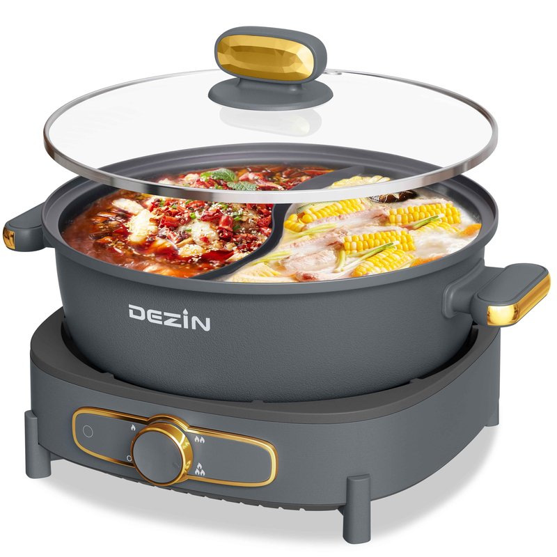 Dezin Hot Pot Electric with Divider, 6L Double-Flavor Shabu Shabu Pot, Dual Sided Removable Non-Stick Hotpot Pot Electric, 3" Depth Chinese Hot Pot with Multi-Power Control, 2 Silicone Ladles Included