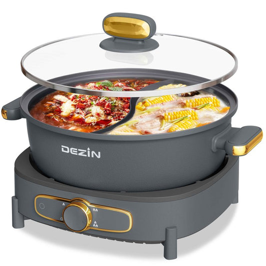 Dezin Hot Pot Electric with Divider, 6L Double-Flavor Shabu Shabu Pot, Dual Sided Removable Non-Stick Hotpot Pot Electric, 3" Depth Chinese Hot Pot with Multi-Power Control, 2 Silicone Ladles Included