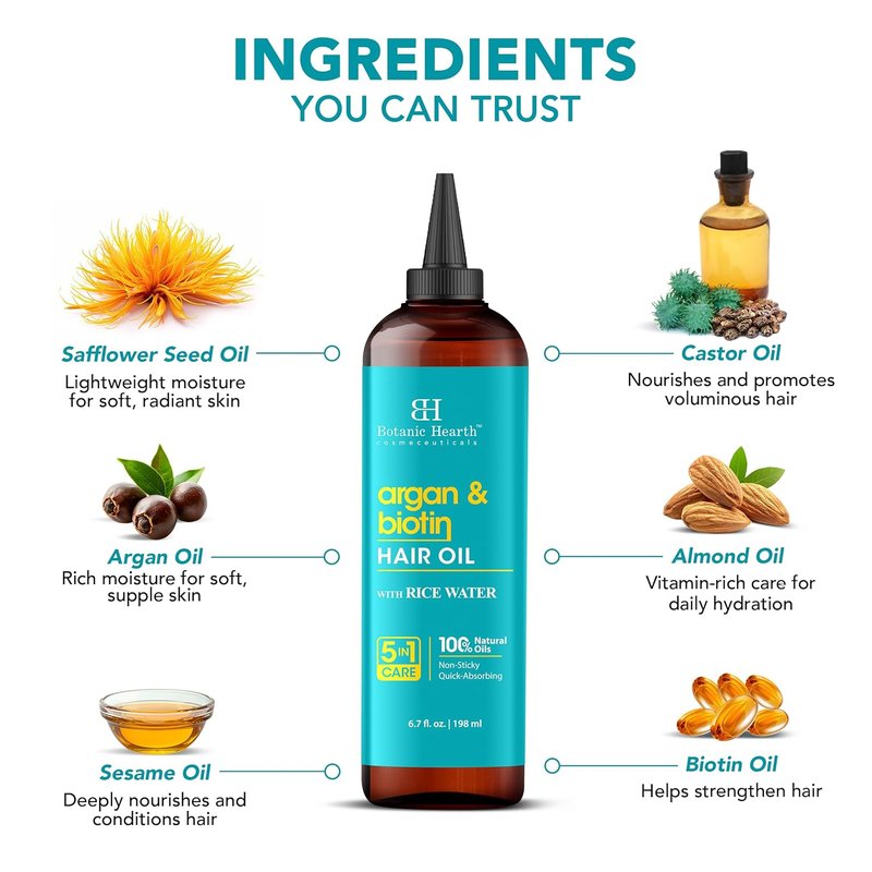 100% Pure Argan & Biotin Oil for Hair Growth - Nourishing Hair Treatment Oil 6.7 Fl Oz | Infused with Coconut Oil for Repairing Dry, Damaged Hair