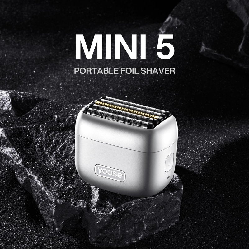 yoose MINI 5 Foil Shaver, Portable Electric Razor for Men, Magnetic 5-Blade Cutting Head, IPX7 Waterproof, USB-C Rechargeable, 90 Min Cordless Dry Shave, Electric Shaver with Pouch, Silver