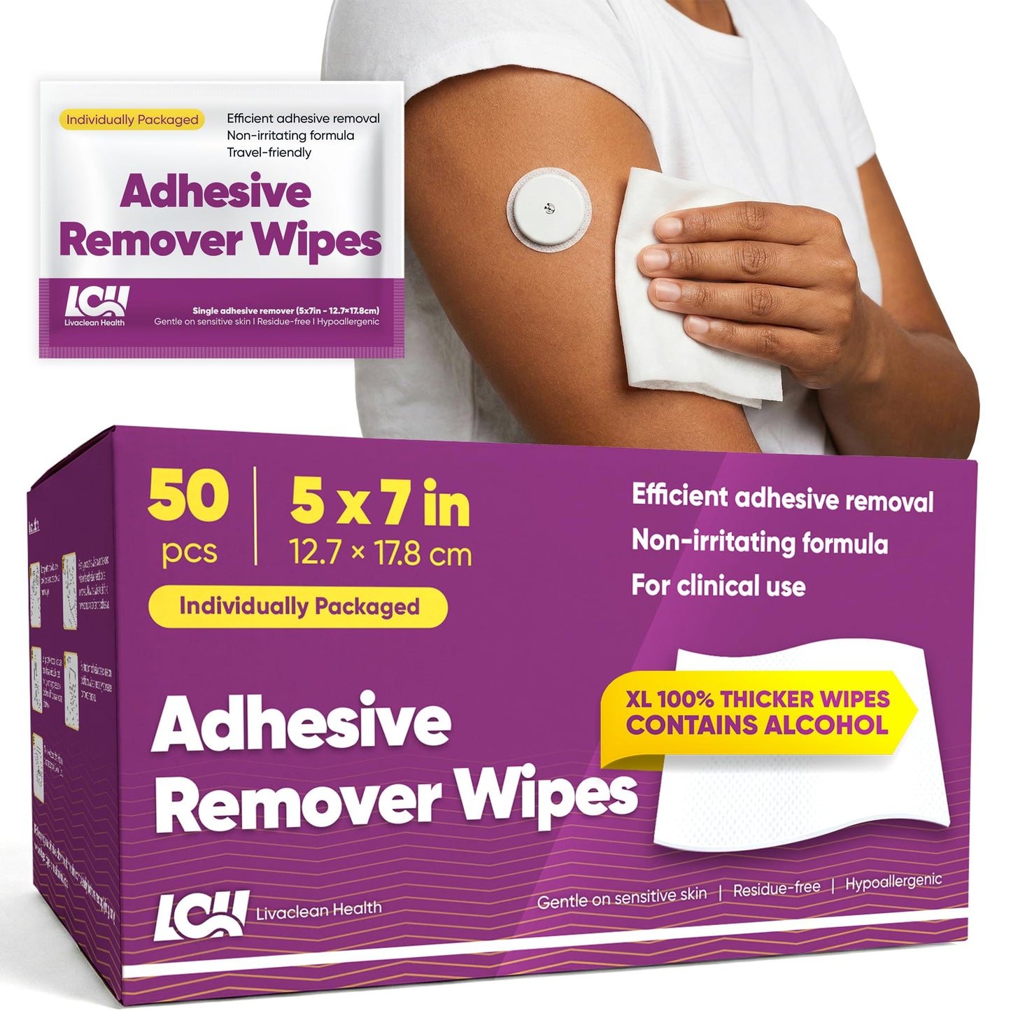 50 CT Large Adhesive Remover Wipes – 5"x7" 60 GSM Thick Medical Adhesive Remover for Skin – Bandage Adhesive Remover - Adhesive Wipes for Tape, Dressings, and Ostomy Residue by Livaclean Health
