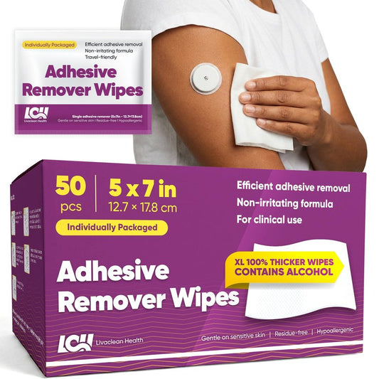50 CT Large Adhesive Remover Wipes – 5"x7" 60 GSM Thick Medical Adhesive Remover for Skin – Bandage Adhesive Remover - Adhesive Wipes for Tape, Dressings, and Ostomy Residue by Livaclean Health