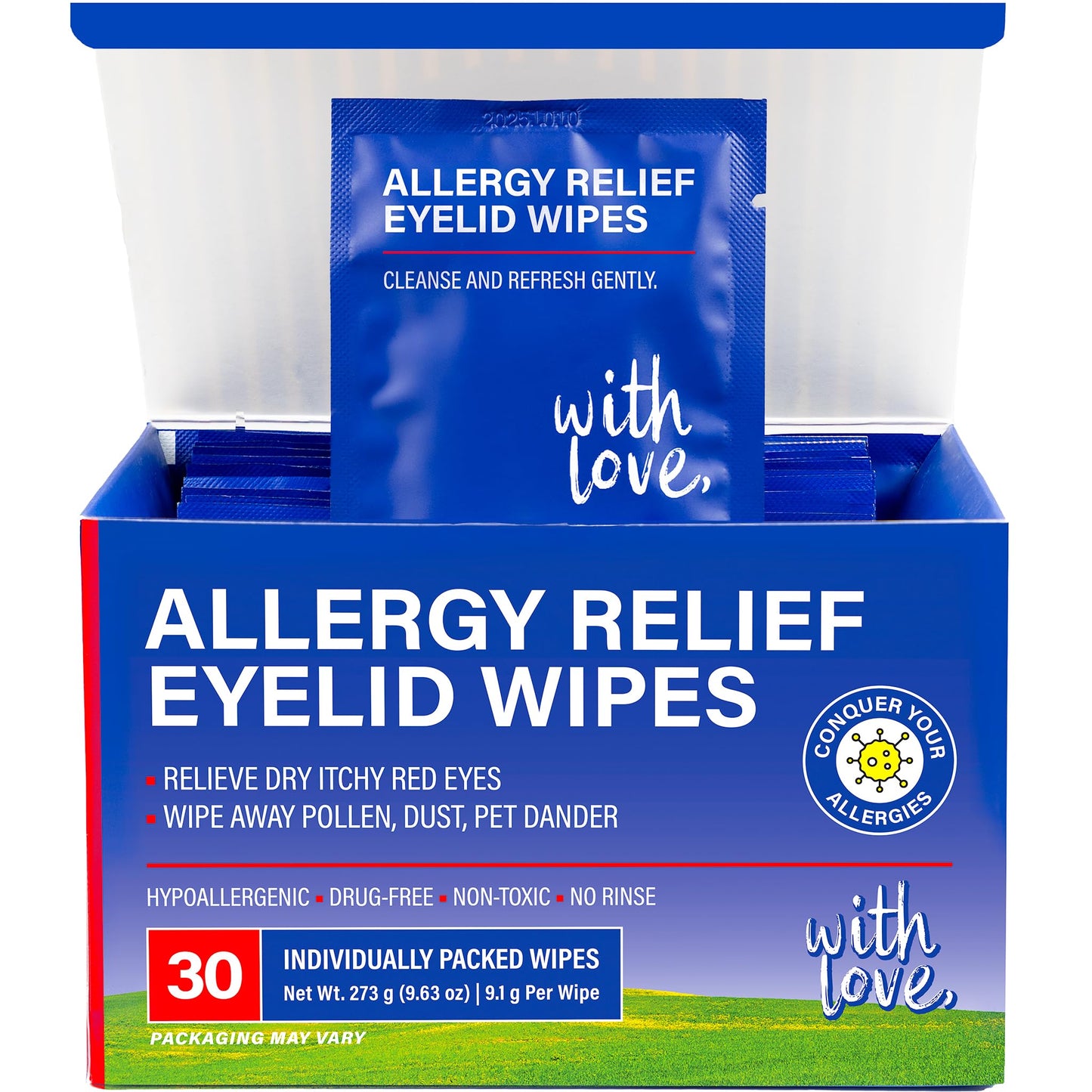 Allergy Eye Wipes for Dry Itchy Red Eyes 30 Count | Drug Free Eye Wipes for Pollen Pets & Seasonal Allergies | Hyaluronic Acid, Chamomile & Aloe | Individually Wrapped Sensitive Eye Cleansing Wipe