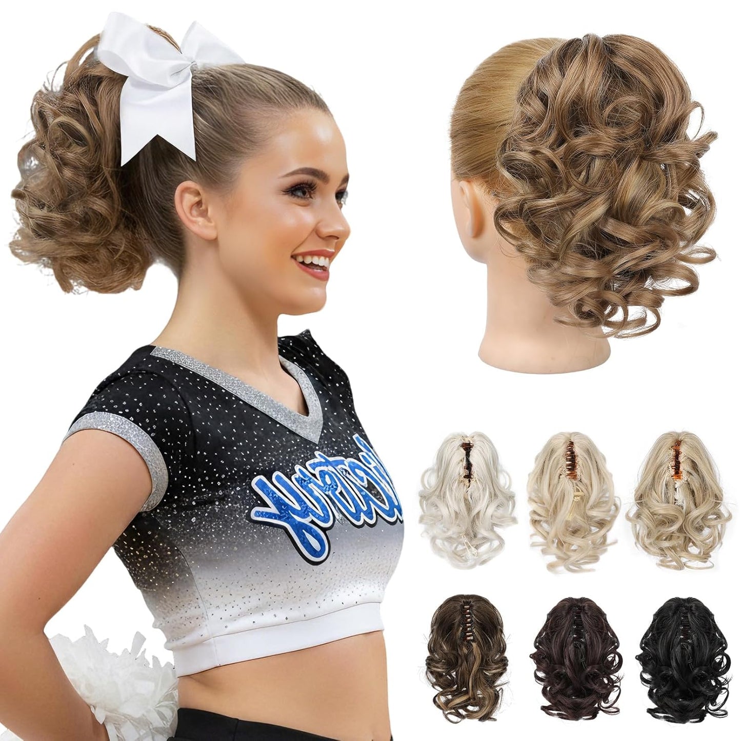 Ponytail Extension - 9" Claw Clip Short Curly Wavy Hairpiece | Dark Ash Blonde with Golden Ends
