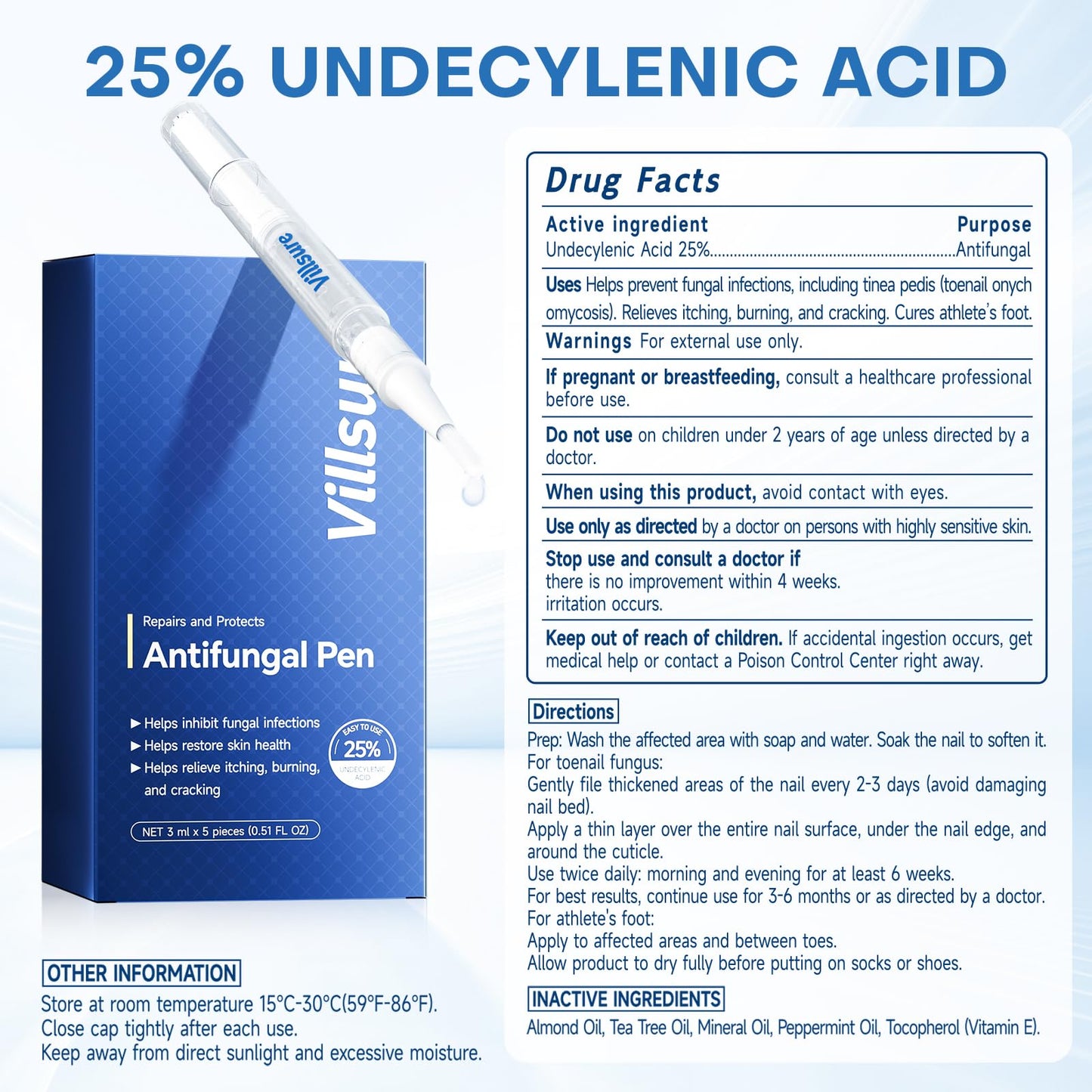 Villsure Toenail Fungus Pen - Toenail Fungus Treatment Extra Strength, Contains 25% Undecenoic Acid, Tea Tree Oils, along with Other Natural Ingredients, Mild and Non-Irritating- Nail Fungus Pen 5pcs