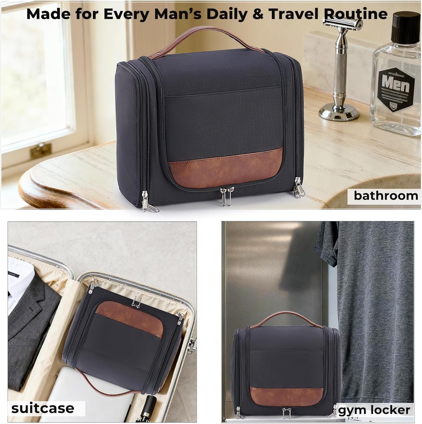 Large Hanging Toiletry Bag for Men - Travel Organizer with Hook | Black Hygiene & Grooming Essentials