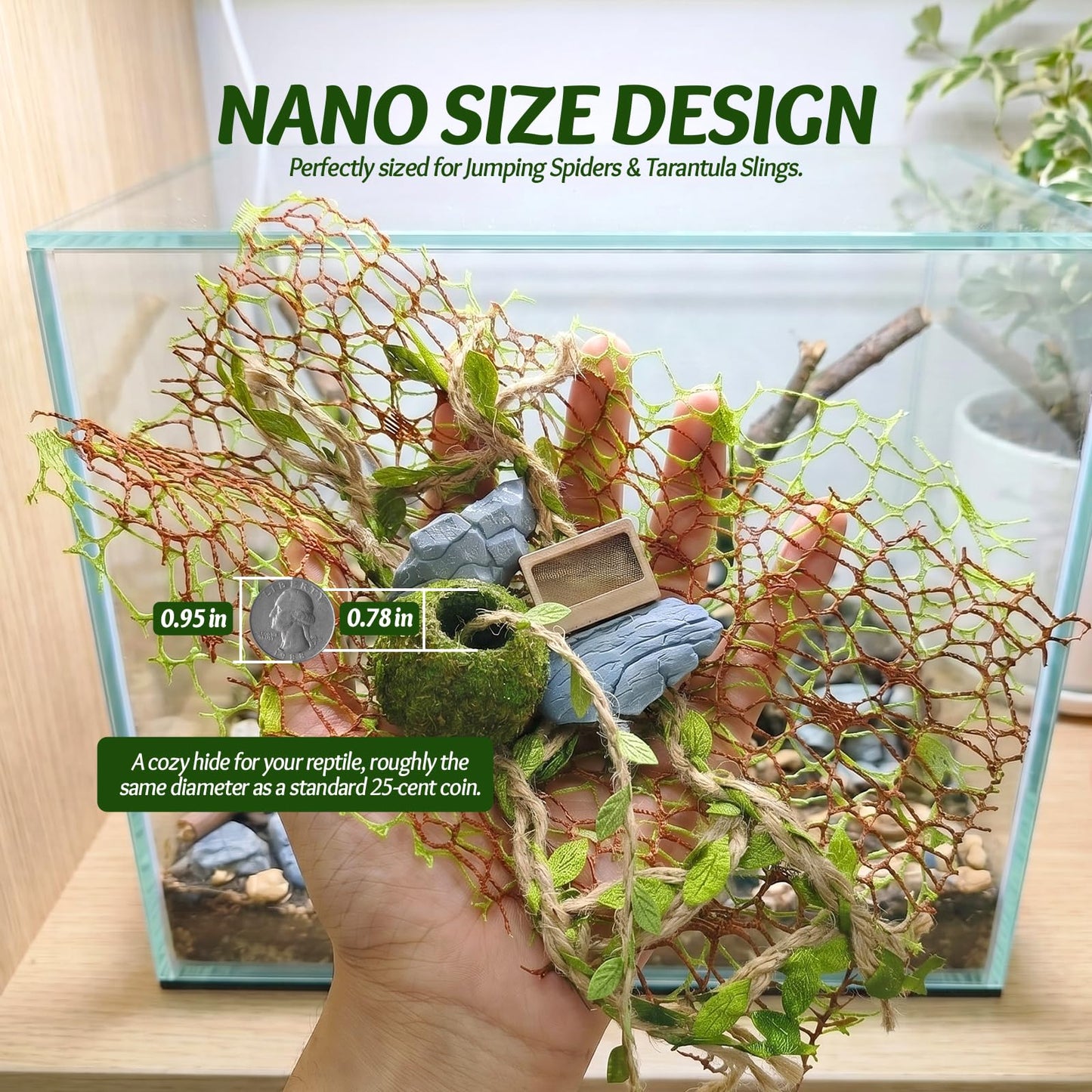 Jumping Spider Enclosure Accessories Kit - Magnetic Moss Ball Hideout, 2 Rock Ledges, Feeding Bowl, Climbing Mesh Nets & Rope Ladder - Natural Forest Habitat Decor for Regal (Moss Cave with Rope)