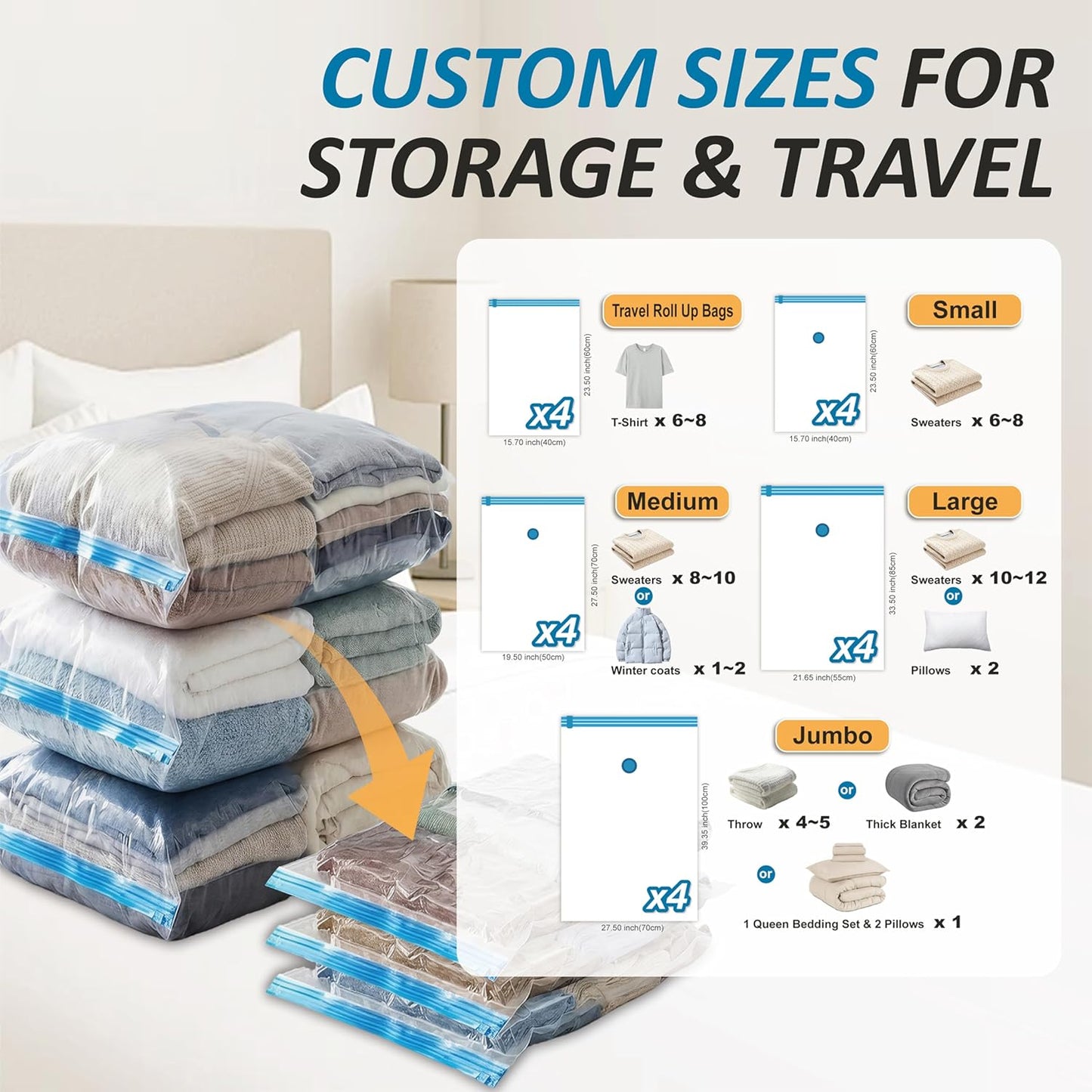 Vacuum Storage Bags - 80% Compression Space Saver for Clothes, Bedding & Blankets | 20-Pack Combo