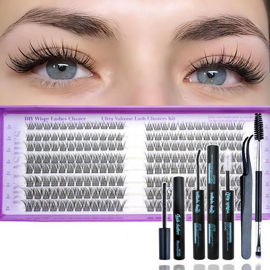 Wispy Lash Clusters Kit, Natural Lash Cluster Eyelash Extensions 192 Pcs C Curl 10-16mm Individual Fluffy False Eyelashes Thin Band DIY Kit for Beginners at Home with Bond Seal Remover Tweezers Brush