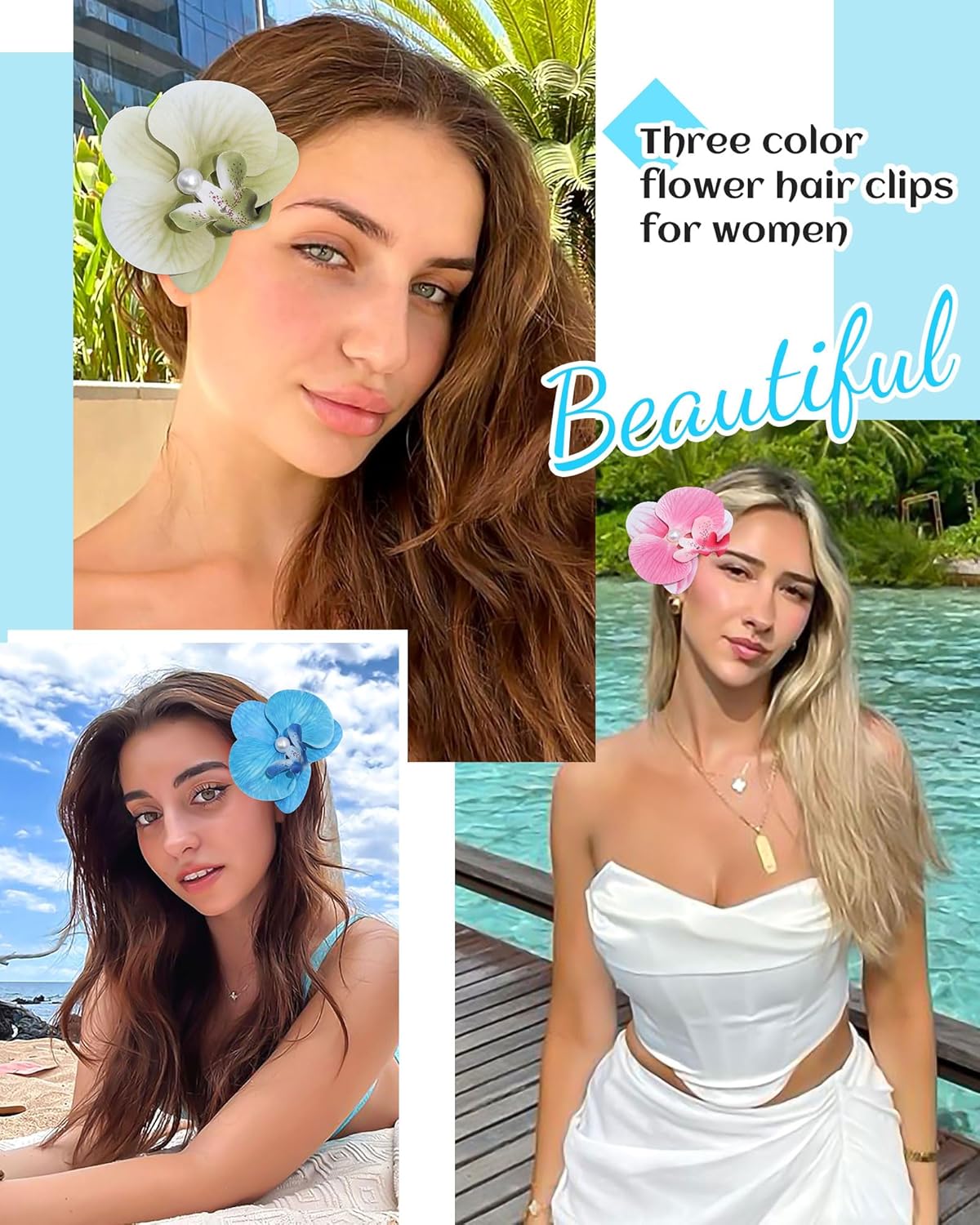 Hawaiian Flower Hair Clips - 3Pcs Butterfly Orchid Barrettes | Summer Beach Accessories (Green, Pink, Blue)
