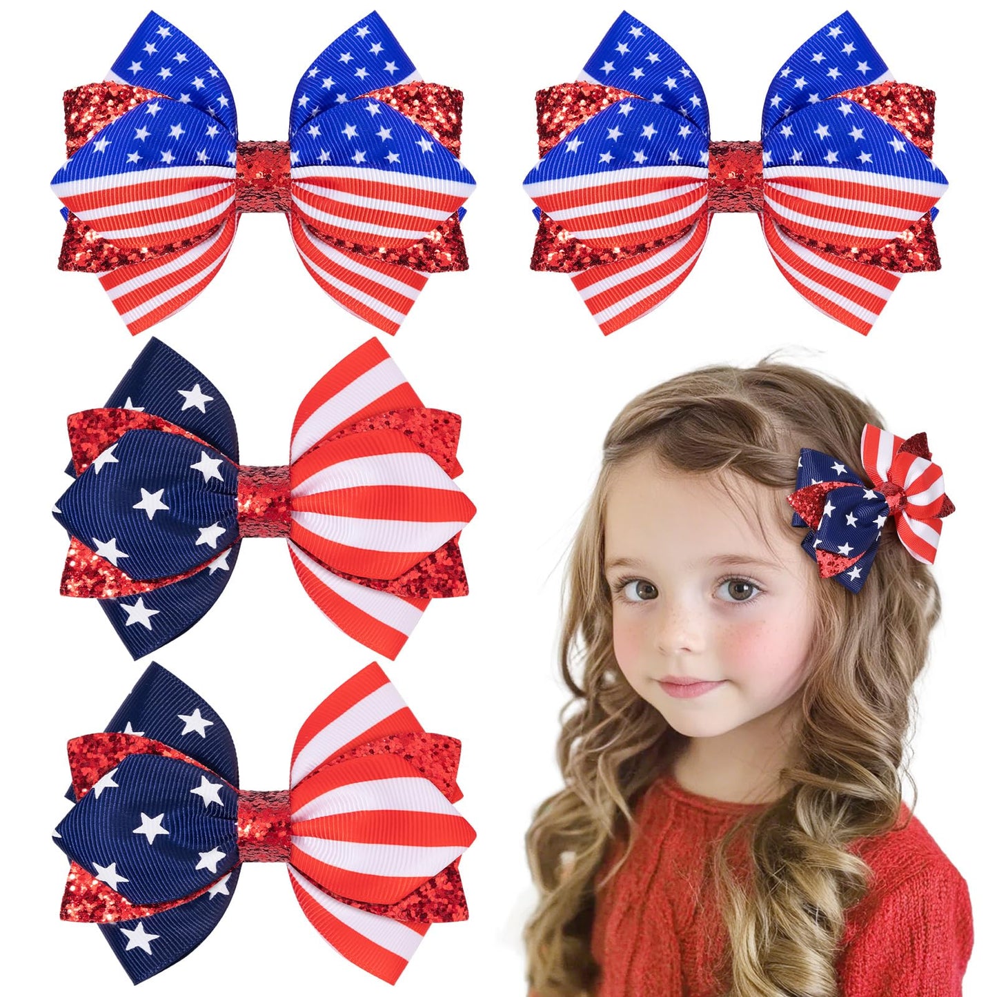 4PCS Glitter American Flag Hair Bows Clips, Sparkly Fourth of July Hair Bows Clips Alligator Barrettes, Patriotic Hair Accessories for Women Girls