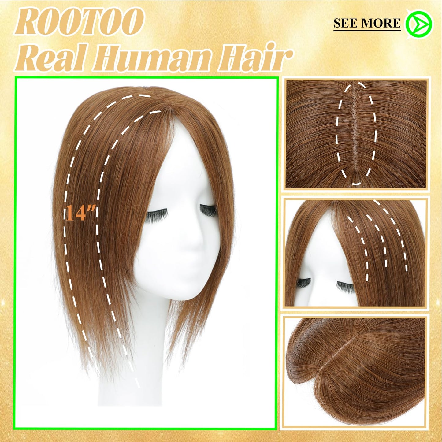 Hair Toppers for Women - Real Human Hair 14 Inch Clip-In Curtain Bangs | Big Base 360° Coverage (Light Brown)