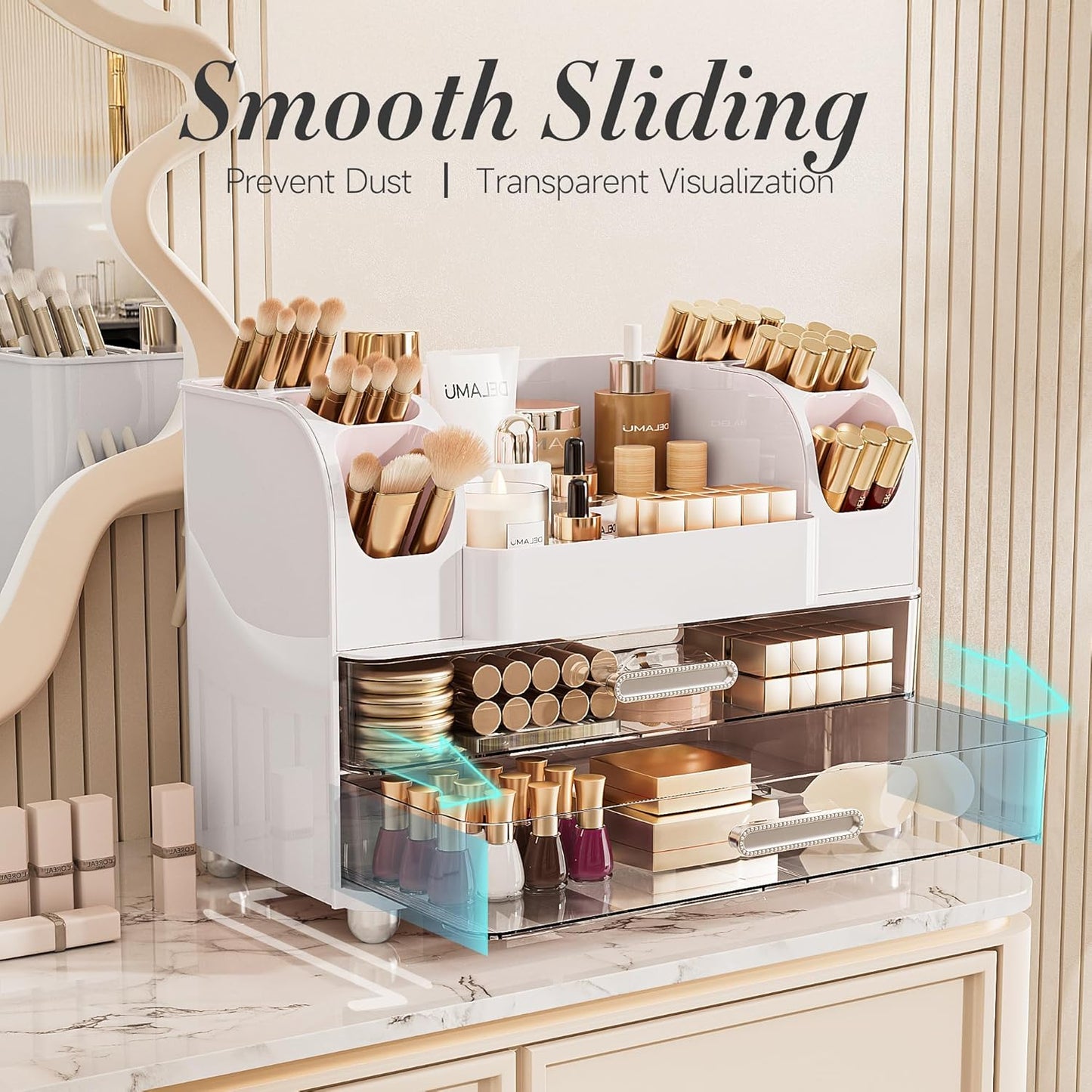 Large Makeup Organizer - 6 Brush Holders & 2 Drawers | White Vanity Storage for Skincare, Lipsticks, and More