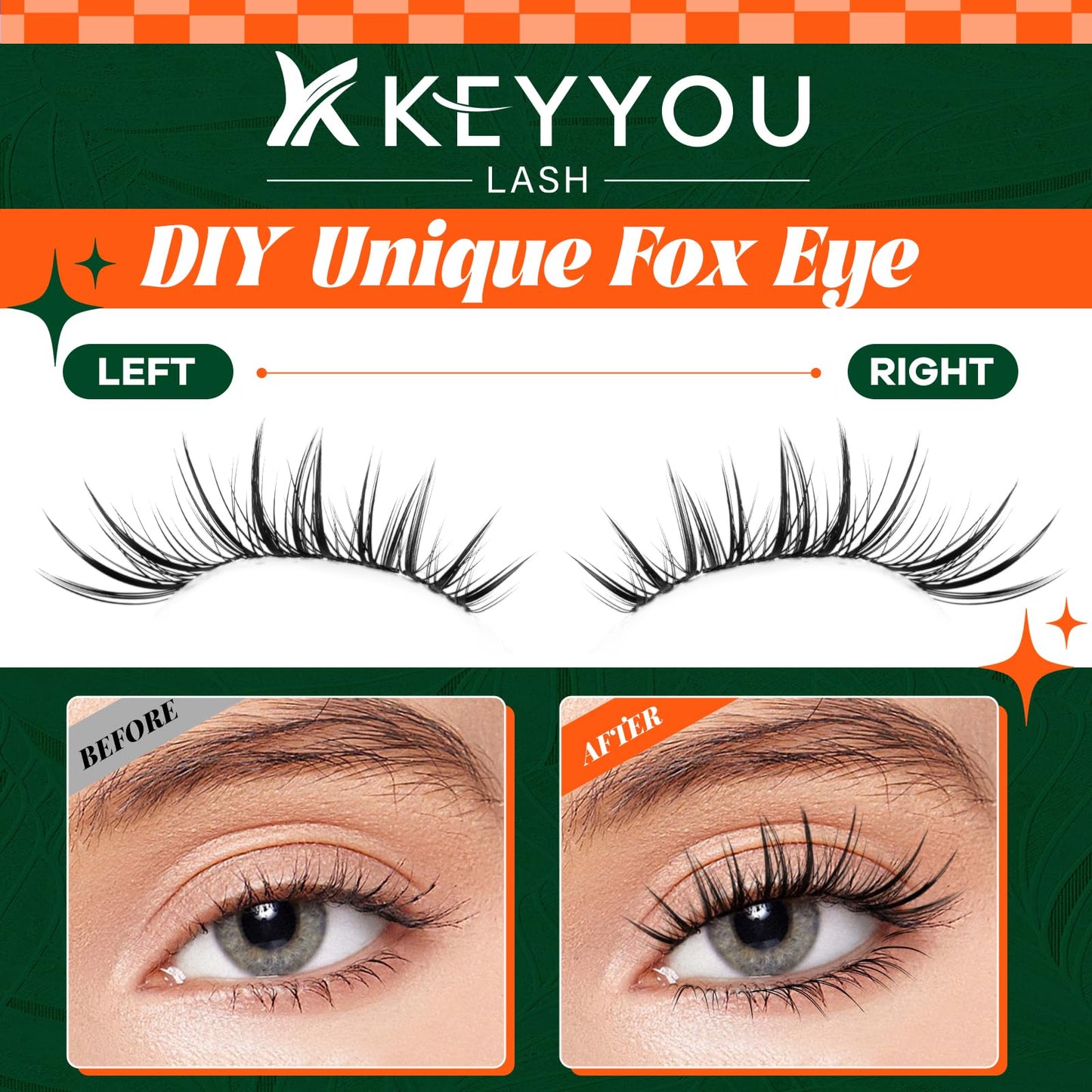 KEYYOU Lash Clusters Kit 96pcs Fox Eye Lashes Lash Extension Kit with Bottom Lash Clusters and Spikes Eyelash Extension Kit with Bond and Seal Applicator and Remover for DIY Fox Lashes at Home(TuShan)