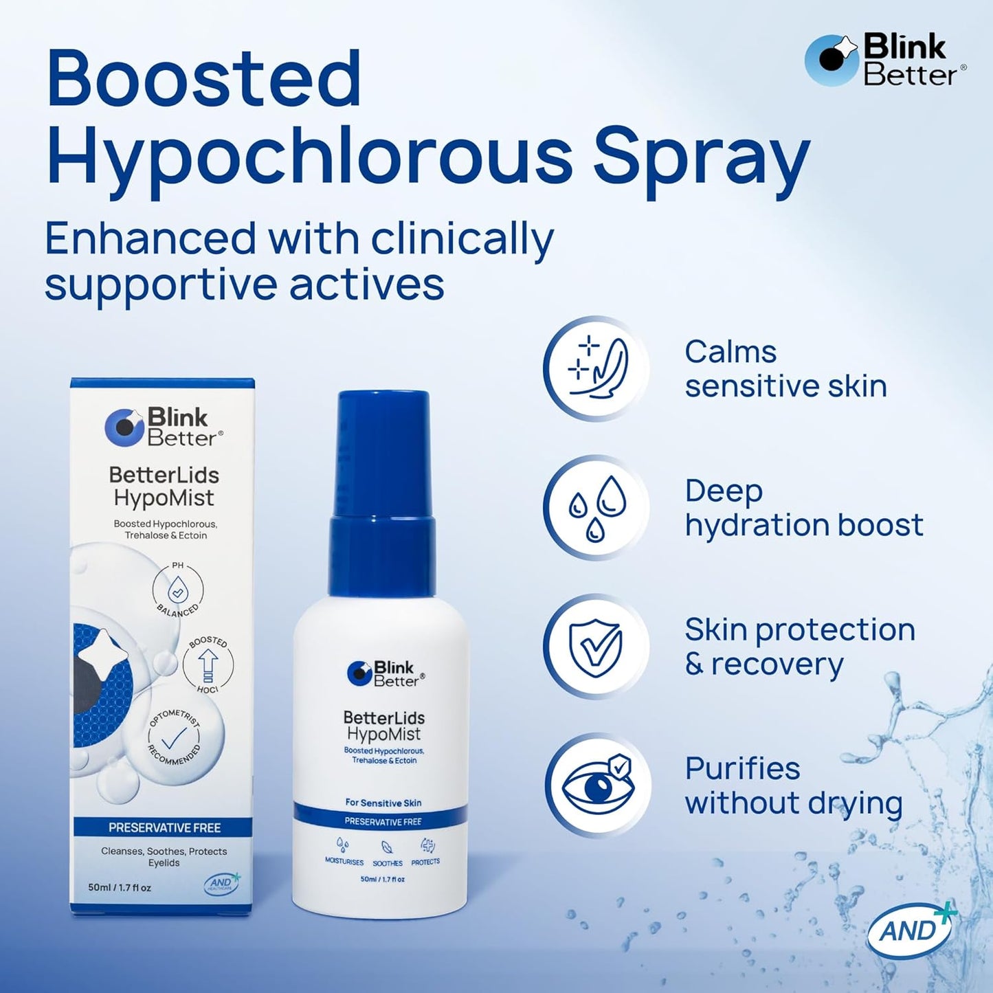 BetterLids Eyelid Spray - Boosted Hypochlorous Acid Mist for Blepharitis | Gentle Non-Sting Cleanser, 50 ml