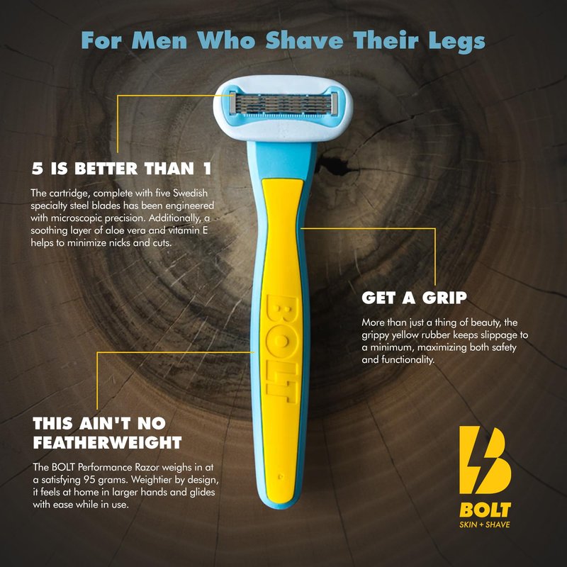 Bolt Skin + Shave - Cartridge Refill Box -5-Blade Replacements for BOLT Razor - Swedish Steel with Aloe Vera and Vitamin E for Coarse Hair -Pack of 3