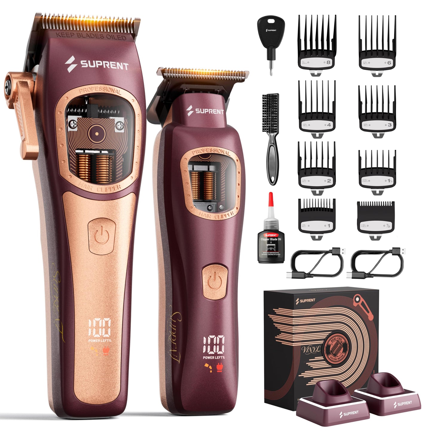 SUPRENT Professional Barber Clippers - Up to 11000RPM Intelligent Dual-Coil Vector Motor Hair Cutting kit, Zero-Gapped Hair Clipper & Trimmer Kit, Deep Tooth Blades, Charging Stands (Red) (Gold)