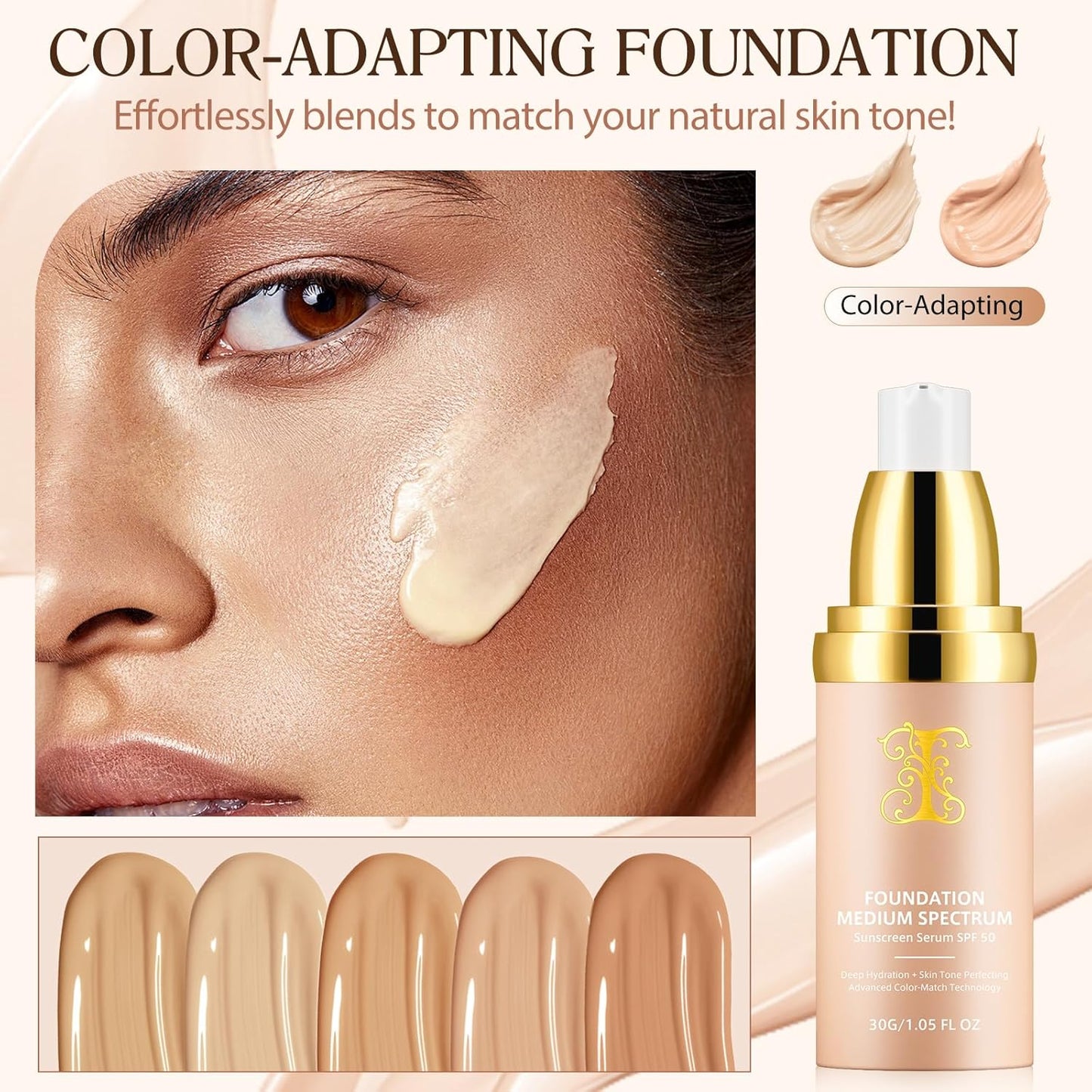 4-in-1 Color Changing Foundation - Medium Spectrum SPF 50+ | Longwearing, Waterproof, Hydrating, 30ml