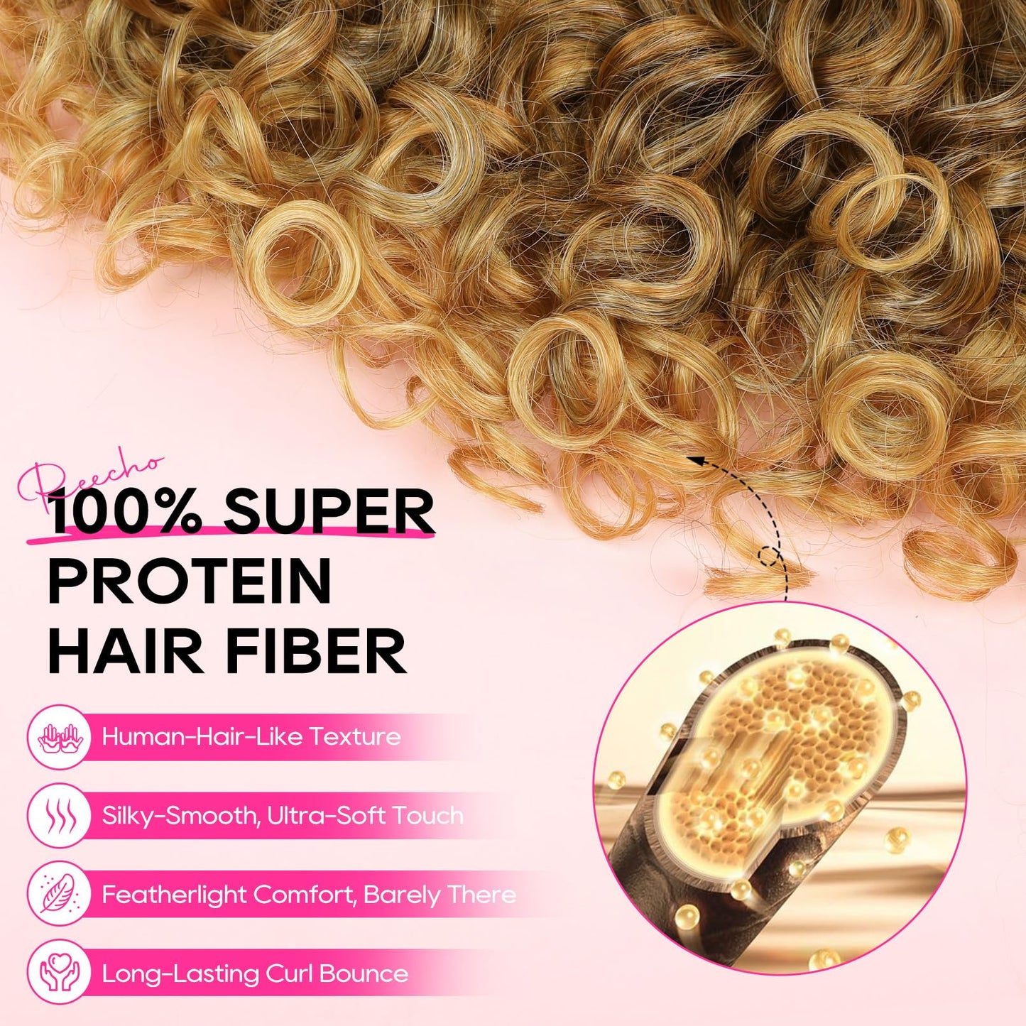 REECHO Clip in Hair Extensions - 4PCS 18" GoGo Curly Hair Extensions 100% Super Protein Hairpieces with Invisible Lace Weft Silky Soft Natural Look for Women - Mocha Foil with Lighter Ends