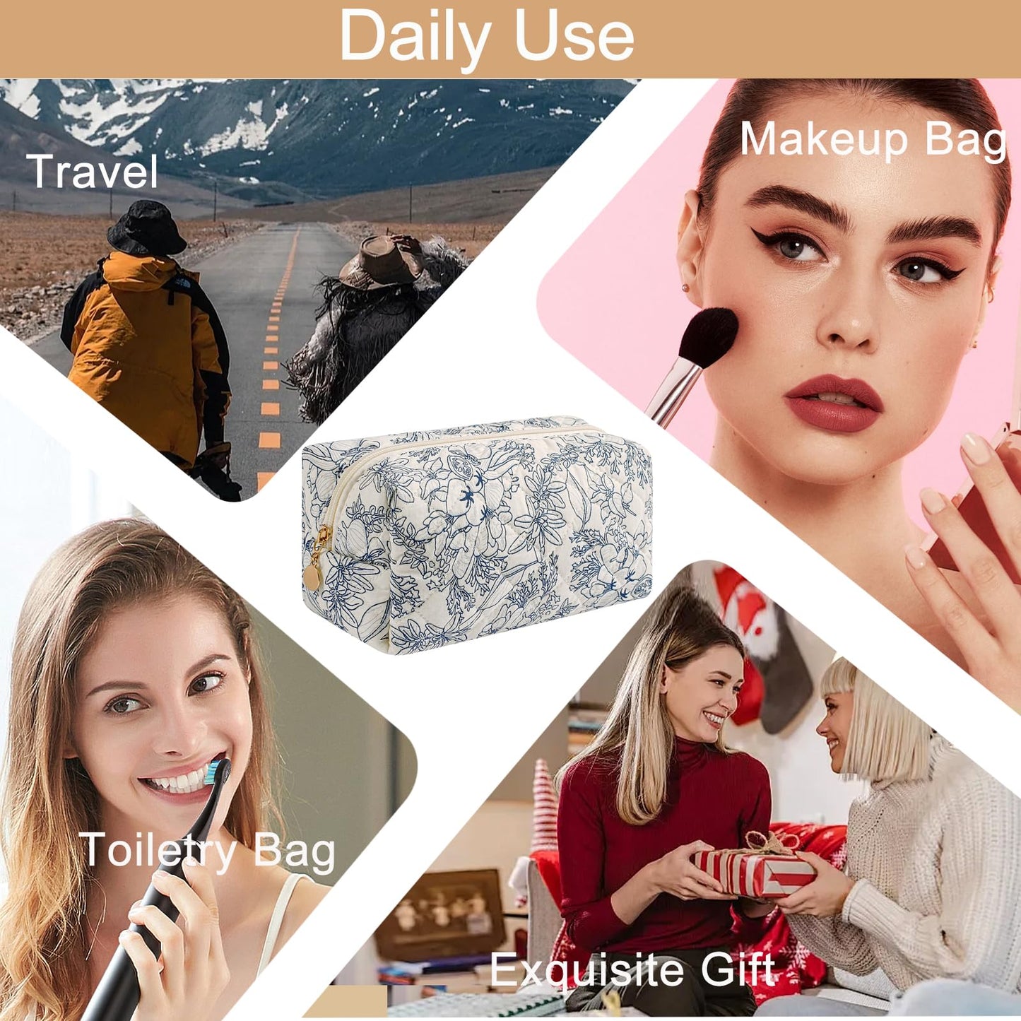 HHQQWZ Makeup Bag Travel Cosmetic Bag for Women Girls, Zipper Make Up Pouch, Floral Flowers Toiletry Organizer Makeup, Portable Storage Bag, Cosmetic Travel Cloth Bag (Navy Blue Flower)